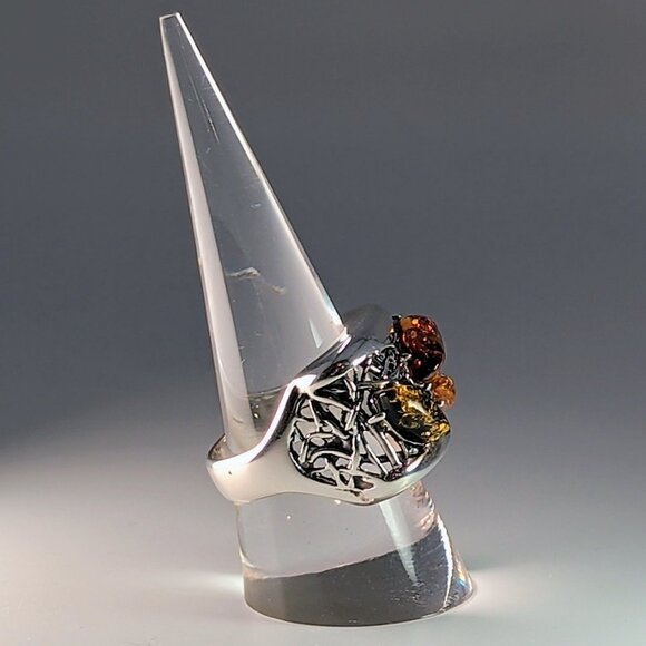 Sterling Silver Ring With Amber Gemstones & Unique Filigree Design - Picture 7 of 13